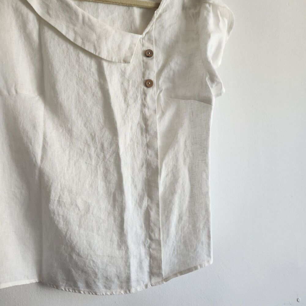 Lintico white 100% linen L short sleeve button detail coastal minimalist dainty - Picture 5 of 9